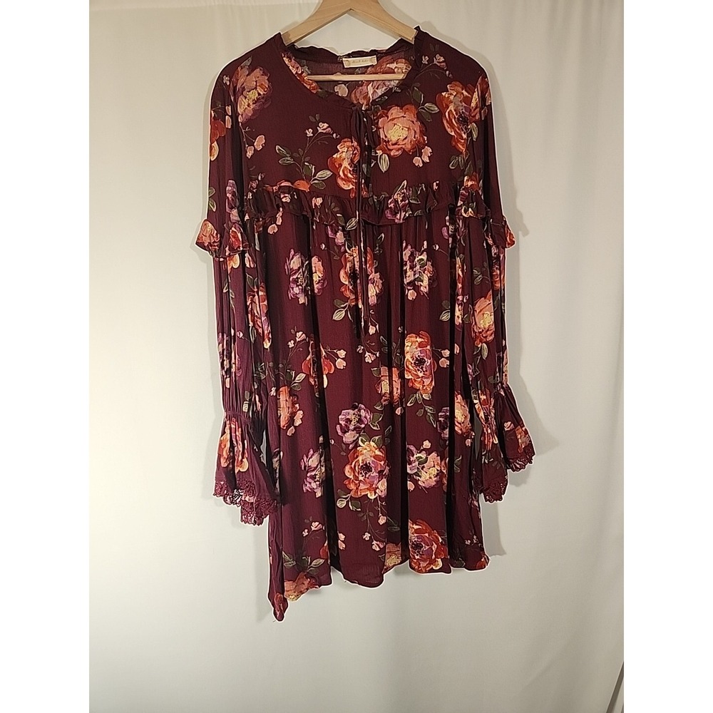 Altar'd State Burgundy Floral Mini Dress Bell‎ Sleeve Boho Ruffle Lace Womens L